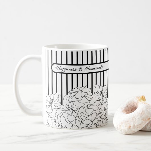 Mug Fleurs noires et blanches avec bandes (Avec donut)