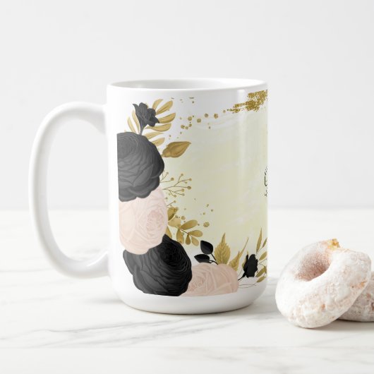 Mug fleurs noires roses or botanique mariage (Avec donut)