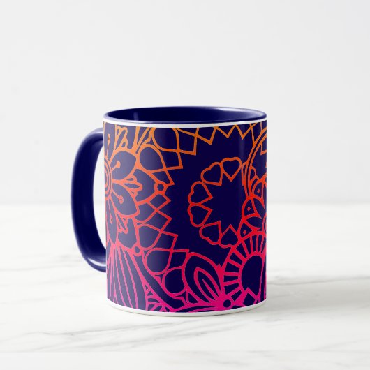 Mug Fleurs orange violet et fond bleu marine (Devant gauche)