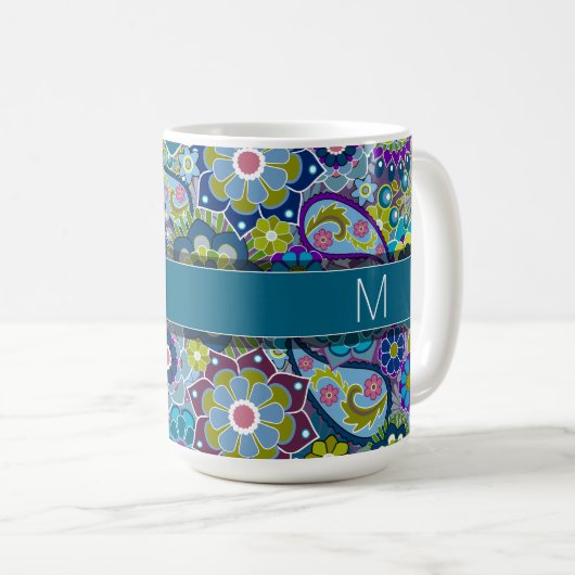 Mug Fleurs rétro colorées avec Monogramme (Devant droit)