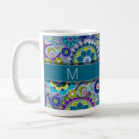 Mug Fleurs rétro colorées avec Monogramme (Gauche)