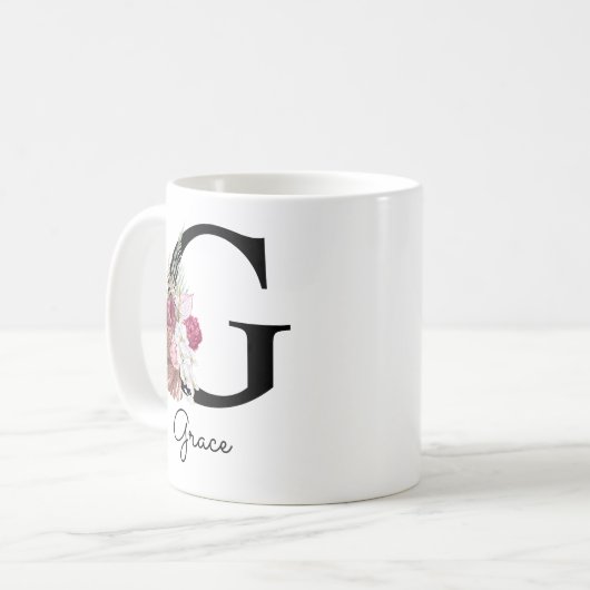 Mug Fleurs rose boho initiale G brodée (Devant gauche)