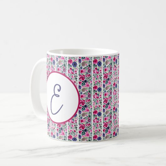 Mug fleurs rose et bleu et rayures blanches monogramme (Devant gauche)