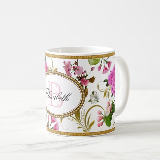 Mug Fleurs rose monogramme (Devant droit)