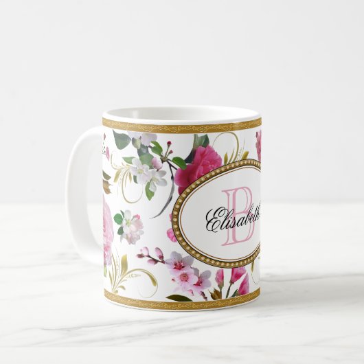 Mug Fleurs rose monogramme (Devant gauche)