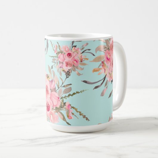 Mug Fleurs rose pâle sur bleu clair (Devant droit)