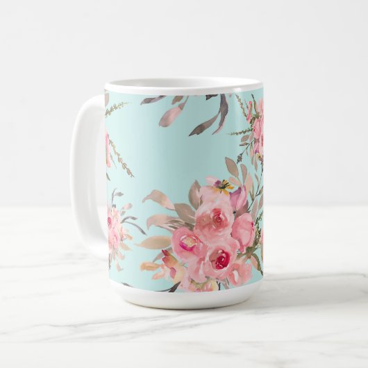 Mug Fleurs rose pâle sur bleu clair (Devant gauche)