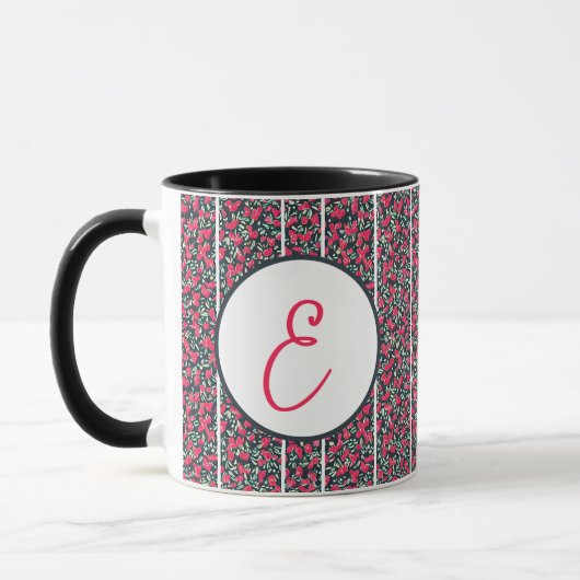 Mug Fleurs roses abstraites et monogramme à rayures bl (Gauche)