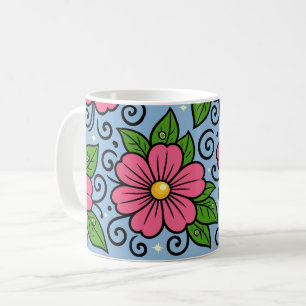 Mug Fleurs roses avec feuilles vertes et détails courb