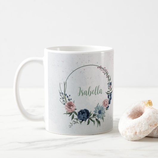 Mug Fleurs roses bleues romantiques verdure (Avec donut)