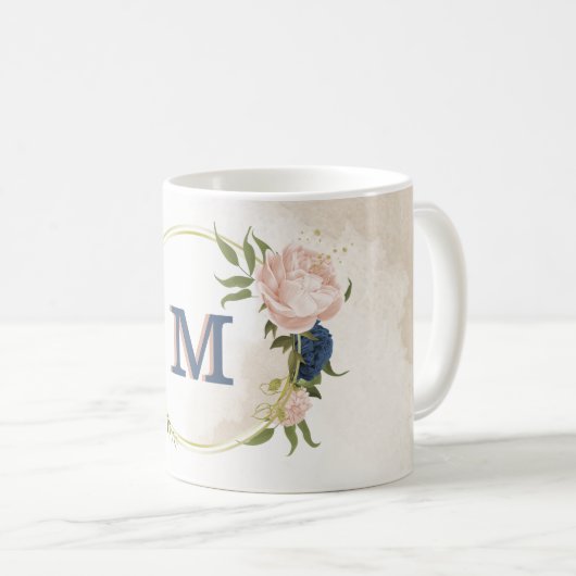 Mug fleurs roses blush et navy verdure (Devant droit)
