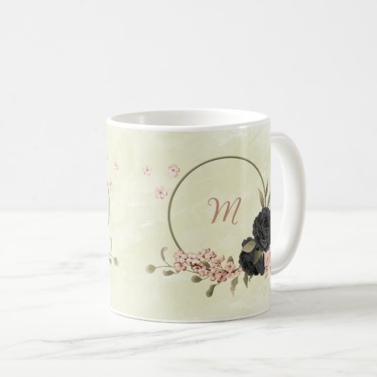Mug fleurs roses blush noir (Devant droit)