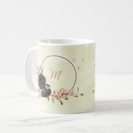 Mug fleurs roses blush noir  (Devant gauche)