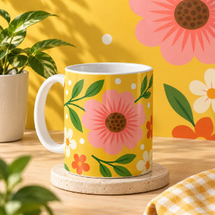 Mug Fleurs roses, crème et orange avec des feuilles ve