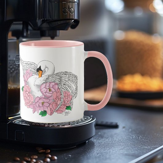 Mug Fleurs roses cygnes blanches