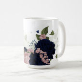 Mug fleurs roses et bleues marine verdure  (Devant droit)