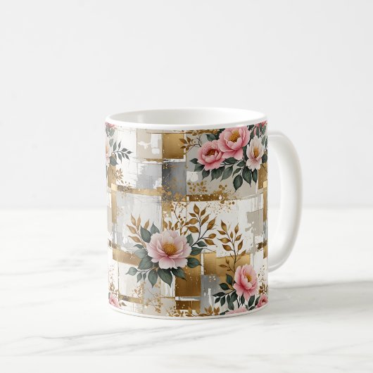 Mug Fleurs roses et Carrés (Devant droit)