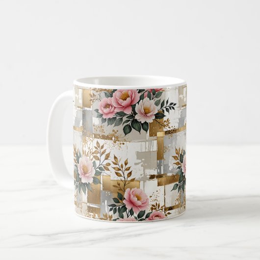 Mug Fleurs roses et Carrés (Devant gauche)