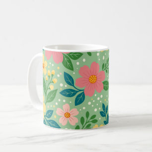 Mug Fleurs roses et jaunes avec feuilles vertes et ble