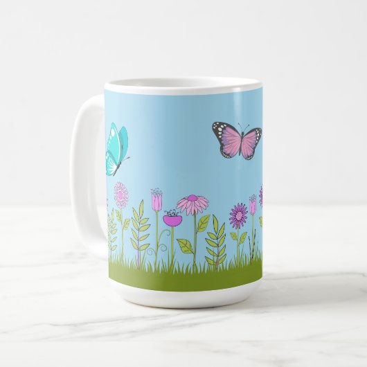 Mug Fleurs roses et papillon imprimés partout (Devant gauche)