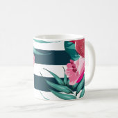 Mug Fleurs roses exotiques Monogrammes rayés (Devant droit)