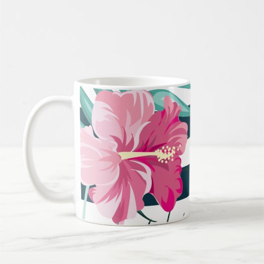 Mug Fleurs roses exotiques Monogrammes rayés (Gauche)