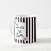 Mug Fleurs roses féminines et bandes noires (Devant gauche)