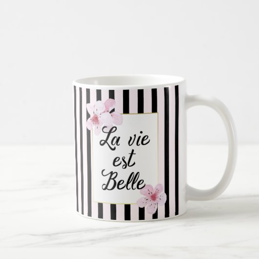 Mug Fleurs roses féminines et bandes noires (Droite)