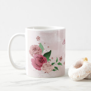 Mug fleurs roses feuilles vertes 