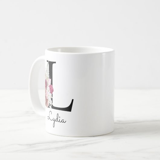 Mug Fleurs roses initiales monogrammées L (Devant gauche)