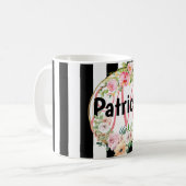 Mug Fleurs roses monogrammes rayures noires et blanche (Devant gauche)