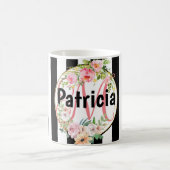 Mug Fleurs roses monogrammes rayures noires et blanche (Centre)