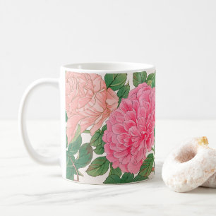 Mug Fleurs Roses rose et pâle avec Feuilles verts