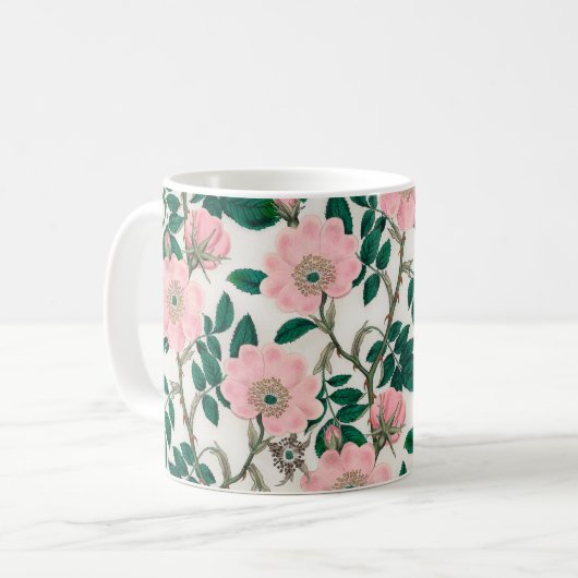 Mug Fleurs Roses roses et Motif Feuille vert (Devant gauche)