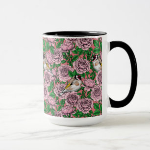 Mug Fleurs roses roses et oiseaux dorés