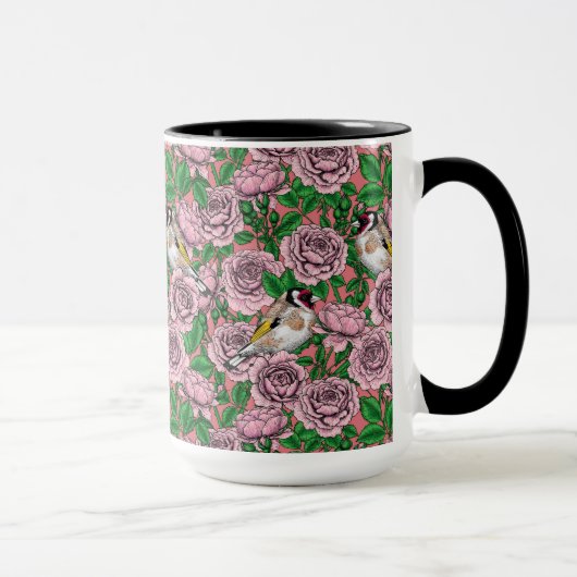 Mug Fleurs roses roses et oiseaux dorés (Droite)