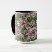 Mug Fleurs roses roses et oiseaux dorés (Devant gauche)