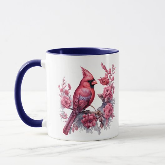 Mug Fleurs roses Rouge Cardinal bleu Monogramme (Gauche)