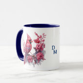 Mug Fleurs roses Rouge Cardinal bleu Monogramme (Devant gauche)