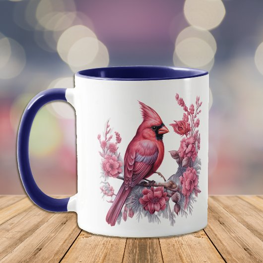 Mug Fleurs roses Rouge Cardinal bleu Monogramme