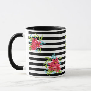 Mug Fleurs roses sans joint floral noir blanc rayé l