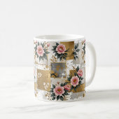 Mug Fleurs roses sur Carrés or et blanc (Devant droit)