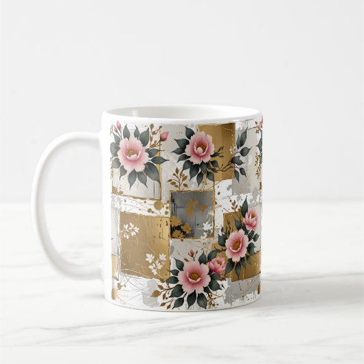 Mug Fleurs roses sur Carrés or et blanc (Gauche)