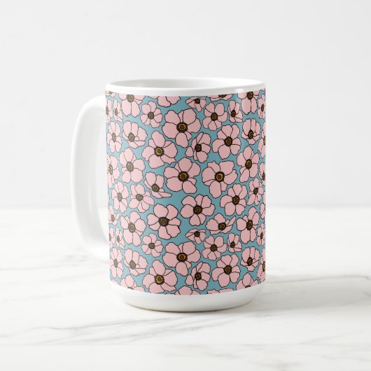 Mug Fleurs roses sur fond bleu (Devant gauche)