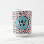 Mug Fleurs roses sur fond bleu avec monogramme (Centre)