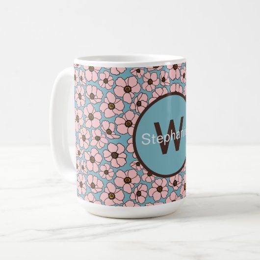 Mug Fleurs roses sur fond bleu avec monogramme (Devant gauche)