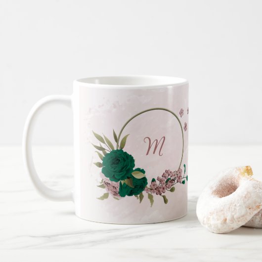 Mug fleurs roses vert émeraude  (Avec donut)