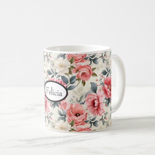 Mug Fleurs roses vintage corail (Devant droit)