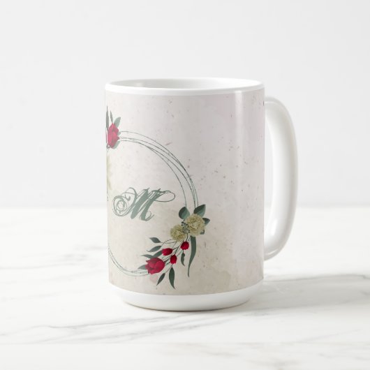 Mug fleurs rouges et jaune pâle verdure (Devant droit)