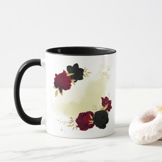 Mug fleurs rouges noires feuilles dorées (Avec donut)